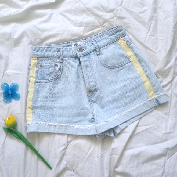 Zara Denim High Waisted Yellow Striped Jeans Shorts Sz 2 - Picture 3 of 16